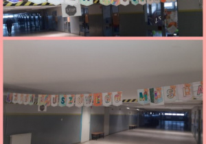 Dekoracja powieszona w korytarzu naszej szatni. Napis DZIEŃ PLUSZOWEGO MISIA. Prace wykonane pod opieką Pani A. Kosińskiej.