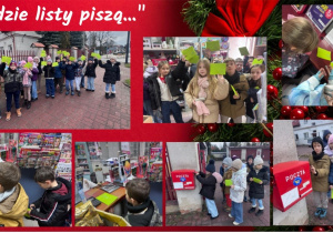 Kolaż zdjęć przedstawia kolejne etapy świątecznej aktywności uczniów. Na pierwszym zdjęciu uczeń owija zieloną włóczką kartonowy trójkąt przypominający choinkę oraz nawleka kolorowe koraliki, które zdobią drzewko. Kolejne ujęcie ukazuje gotowe kartki świąteczne z własnoręcznie zapisanymi życzeniami oraz zdjęciami dziecięcych stópek w mikołajowych czapkach.