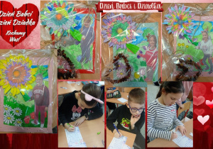 Zdjęcie przedstawia uczniów klasy IIa podczas pisania życzeń oraz wykonane przez nich laurki i serduszka z rodzynków.