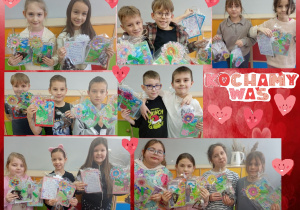 Na zdjęciu uczniowie z radością trzymają w rękach wykonane przez siebie upominki