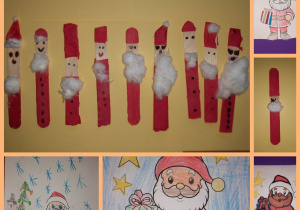 Święty Mikołaj- kolorowanki oraz ludziki wykonane z patyczków po lodach. Prace wykonane pod opieką Pani P. Filipczak.