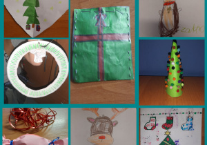 Prezent, renifery, cukierek, choinki, wieniec świąteczny. Prace wykonane pod opieką Pani P. Filipczak.