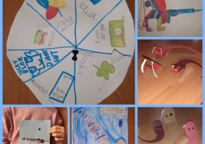 Węże, dinozaur, rakieta, gra w formie wróżby andrzejkowej. Prace wykonane pod opieką Pani P. Filipczak.