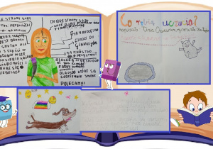 Zdjęcie przedstawia kolaż prac uczniów klasy 2a. Są to ich własne recenzje wybranych książek, m.in. „Przyjaciółki na zawsze”, „Co robią uczucia?” oraz „W świecie Poli”.