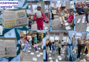 Kolaż zdjęć przedstawia różnorodne aktywności uczniów związane z tematyką Antarktydy i pingwinów. Na fotografiach widoczne są starannie wykonane prace pisemne w zeszytach z języka polskiego – plan wydarzeń wzbogacony ilustracjami oraz opis położenia Antarktydy. Inne ujęcia ukazują uczniów podczas zadań ruchowych – dzieci skaczą pomiędzy papierowymi krami z zapisanymi liczbami, ćwicząc dodawanie i dopełnianie do pełnych dziesiątek. Widać również moment przekazywania sobie dużego, styropianowego jajka. Na jednym ze zdjęć uczeń określa temperaturę na papierowych termometrach, doskonaląc umiejętność odczytywania i zapisywania wartości liczbowych.