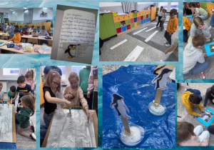 Zdjęcie przedstawia kolaż dokumentujący różnorodne aktywności uczniów. Widać „biegany” opis pingwina – dzieci aktywnie wyszukują na dywanie poprawnych odpowiedzi na pytania, łącząc ruch z nauką. Na jednym z ujęć znajduje się kartka z zeszytu z wzorcowo zapisanym opisem ptaka. Kolaż ukazuje także zabawy z zamrożonymi kostkami lodu z pingwinami oraz pracę w grupach – układanie puzzli i wspólne opisywanie wyglądu tych niezwykłych, nielotnych ptaków.