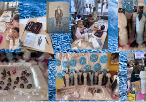 Zdjęcie przedstawia kolaż dokumentujący różnorodne prace uczniów. Widać wykonanie pingwinów z plasteliny, budowanie zagrody z kostek cukru oraz tworzenie pingwinów z plastikowych butelek wypełnionych watą. Na jednym ze zdjęć uczennice pozują na tle wystawy „Zaczarowana zagroda”.