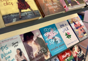 Zdjęcie wystawy książek w bibliotece szkolnej.