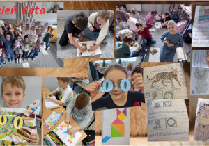 Kolaż zdjęć przedstawia wizytę uczniów w lecznicy dla zwierząt. Na fotografiach widać zwiedzanie gabinetów weterynaryjnych, w tym sali zabiegowej oraz sali operacyjnej. Uczniowie z zainteresowaniem oglądają specjalistyczne narzędzia medyczne, takie jak stetoskopy, aparaturę do badań czy sprzęt chirurgiczny. Pani weterynarz opowiada o swojej pracy i wyjaśnia, jak wygląda opieka nad zwierzętami.