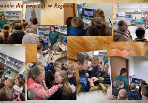 Kolaż przedstawia różnorodne aktywności związane z tematyką kotów. Na jednej z fotografii widoczne jest wspólne, grupowe ujęcie z maskotkami kotów. Kolejne kadry ukazują dzieci układające na dywanie puzzle z wizerunkiem kotów oraz tworzące sylwetkę kota z tangramów. W zestawieniu znajduje się również praca plastyczna – kot wykonany z kolorowych gazet – a także ujęcia starannie prowadzonych notatek w zeszycie. Jedna z ilustracji przedstawia kota narysowanego kredkami ołówkowymi. Całość dopełnia humorystyczny zapis życzeń skierowanych do kota.