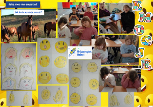Zdjęcie przedstawia uczniów klasy 2a odzwierciedlających różne emocje oraz prace uczniów - narysowane buźki/emocje, które odczuwają podczas usłyszanych dźwięków.
