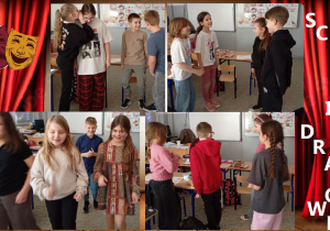 Zdjęcie przedstawia dzieci podczas odgrywania scenek dramowych, w których pokazują różne emocje i uczą się wyrażania swoich uczuć poprzez ruch i mimikę.