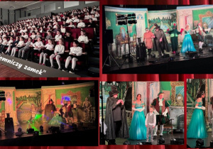 Kolaż zdjęć przedstawia wyjątkowe chwile z wizyty uczniów w Gminnym Ośrodku Kultury w Rzgowie. Na pierwszych fotografiach widać dzieci zasiadające na widowni – uśmiechnięte, zaciekawione i pełne oczekiwania przed rozpoczęciem spektaklu. Kolejne ujęcia ukazują fragmenty przedstawienia – barwną scenografię oraz aktorów wcielających się w swoje role na scenie. Uczeń klasy pierwszej występuje na scenie, biorąc aktywny udział w przedstawieniu.