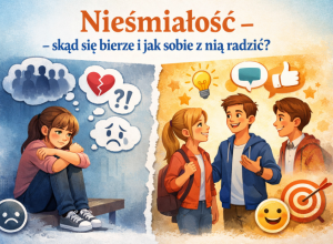 Grafika z napisem ,,Nieśmiałość - skąd się bierze i jak sobie z nią radzić?"