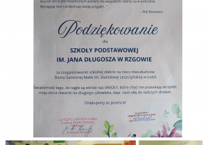 Podziękowanie dla Szkoły Podstawowej im. Jana Długosza w Rzgowie za zorganizowanie zbiórki na rzecz mieszkańców Domu Samotnej Matki w Łodzi. Uczennice klasy 7 B przed kawiarenką charytatywną.