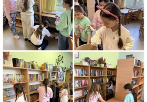 Uczennice klas 1 -3 uczestniczą w wiosennych porządkach w bibliotece szkolnej.