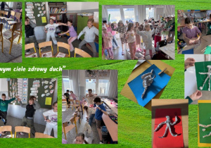 Zdjęcie 1 – kolaż zdjęć przedstawiający uczniów klasy 2 b podczas zajęć ruchowych. Na środku sali ustawiono krzesełka w kole z piktogramami przedstawiającymi różne pozycje ciała, które dzieci naśladują. W tle widać prace z uformowanej folii aluminiowej – dynamiczne postacie w ruchu, takie jak piłkarz, baletnica w szpagacie i tenisistka. Uczniowie powtarzają także wiersz o zdrowiu, pokazując go gestami, co ułatwia zapamiętanie i łączy naukę z ruchem.