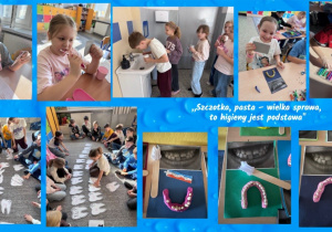 Zdjęcie 2 – kolaż zdjęć przedstawiający uczniów podczas zajęć o higienie jamy ustnej. Uczniowie układają na dywanie hasło o zdrowiu, a sylaby są zapisane na dużych sylwetach zębów. W trakcie zajęć drugoklasiści prawidłowo myją zęby, a także wykonują pracę techniczną – modelują łuk szczęki z plasteliny, wciskając w niego „zęby” z fasoli, łącząc teorię z praktyką.