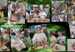 Zdjęcie 3 – kolaż zdjęć przedstawiający klasę podczas zajęć o zdrowym odżywianiu. Dzieci siedzą przy dużym stole, na głowach mają papierowe czapki kucharskie i samodzielnie przygotowują swoje ulubione śniadanie. Na dywanie, w grupach układają dużą piramidę zdrowego odżywiania, a na białym papierowym obrusie malują kredkami pastelowymi swoje ulubione posiłki, łącząc naukę o zdrowym żywieniu z kreatywną zabawą.