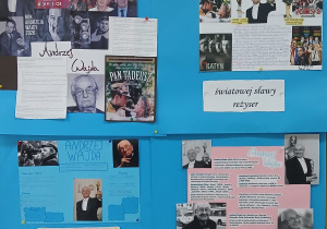 Wystawa prac uczniów na temat twórczości Andrzeja Wajdy na szkolnym korytarzu