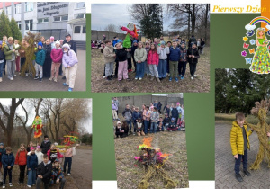 Kolaż przedstawia uczniów klas II i III, którzy wspólnie uczestniczą w tradycyjnym powitaniu wiosny. Dzieci pozują klasami w plenerze ze swoimi marzannami, wykonanymi ze słomy i gałęzi oraz ozdobionymi kolorową bibułą. Na zdjęciach widać zarówno moment zgromadzenia przed szkołą, jak i chwilę na polanie, gdzie uczniowie stoją wokół płonących kukieł, symbolicznie żegnając zimę.