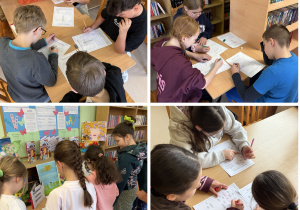 Uczniowie w bibliotece szkolnej pochyleni nad wiosennymi konkursami i łamigłówkami