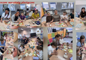 Kolaż przedstawia Rodziców i dzieci siedzących przy długim stole podczas malowania, wycinania i ozdabiania jajek oraz baranka.