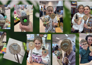 Kolaż przedstawia Rodziców wraz z dziećmi, którzy prezentują przygotowane ozdoby (jajka w papierowym naczynku oraz baranki z nasion).