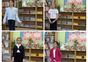 Kolaż zdjęć przedstawiający recytujących uczniów.