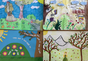 Pani Wiosna przedstawiona na rysunkach uczniów.