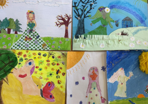 Cztery zdjęcia prac plastycznych wykonanych przez uczniów przedstawiających Panią Wiosnę.