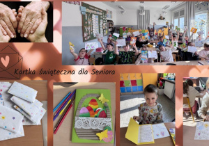 Kolaż przedstawia efekty pracy uczniów – gotowe, kolorowe kartki wielkanocne z życzeniami, zdjęcie grupowe dzieci trzymających w górze koperty oraz stos kartek przygotowanych do przekazania Seniorom.