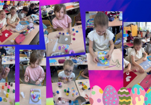 Kolaż ukazuje uczniów podczas pracy twórczej – wycinanie, malowanie i łączenie elementów kartki, zapisywanie życzeń oraz staranne ozdabianie kopert.