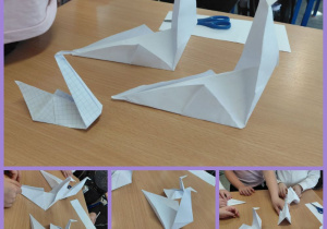 Łabędzie wykonane przez uczniów metodą origami.