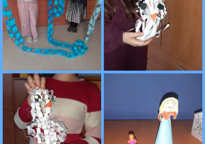 Zbiór czterech zdjęć przedstawiających prace uczniów: zimowy łańcuch w kolorze niebieskim, stroje średniowieczne z papieru i z plasteliny, bałwanki w formie 3D wykonane z białych pasków papieru.