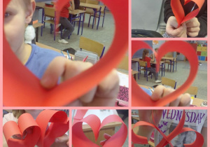 Prace uczniów przedstawiające walentynkowe serduszka.