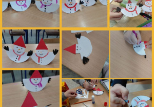 Bałwanki w formie 3D z czerwonymi i trójkątnymi czapeczkami.