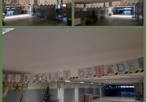 Korytarz udekorowany napisami „WIWAT BABCIA I DZIADEK”