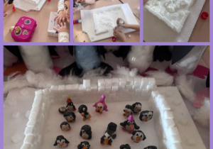 Zimowa zagroda z kostek cukru w wykonaniu uczniów, w której znajdują się pingwiny z plasteliny.