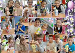 Uczniowie trzymają w rękach własnoręcznie wykonane zające ze skarpetek, które powstały podczas zajęć plastycznych.