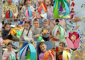 Uczniowie klasy 2a prezentują własnoręcznie wykonane prace plastyczno-techniczne. Kolorowe kwiaty powstały z pasków papieru, a w ich wnętrzu można dostrzec Calineczkę – główną bohaterkę omawianej baśni.