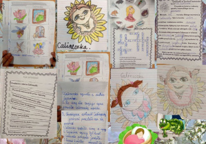 Na zdjęciach widać prace wykonane w zeszytach uczniów. Dzieci układały wydarzenia i obrazki w kolejności chronologicznej, rysowały Calineczkę według wskazówek nauczyciela, rozwiązywały krzyżówkę z hasłem oraz uzupełniały tekst odpowiednimi wyrazami.