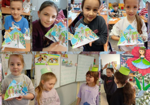 Uczniowie klasy 2a prezentują własnoręcznie wykonane prace plastyczno-techniczne. Kolorowe kwiaty powstały z pasków papieru, a w ich wnętrzu można dostrzec Calineczkę – główną bohaterkę omawianej baśni.