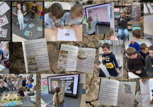 Zbiór zdjęć przedstawia różnorodne aktywności uczniów związane z omawianą lekturą. Widoczne są dwie uczennice w masce kreta podczas udzielania „wywiadu” oraz uczniowie wcielający się w dziennikarzy z mikrofonami, zadający pytania bohaterom. Na kolejnych zdjęciach zaprezentowano prace w zeszytach: ilustracje przedstawiające chronologię wydarzeń, kolorowy rysunek kreta i jego kopca oraz zapis przymiotników opisujących Calineczkę. Uczniowie pracują także przy tablicy multimedialnej, gdzie uzupełniają tekst dotyczący kreta. Na dywanie dzieci losują działania z tabliczki mnożenia i dopasowują je do wyników.