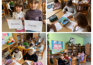 Zbiór zdjęć przedstawiający pierwszoklasistów w trakcie lekcji bibliotecznej poświęconej twórczości H.Ch.Andersena.