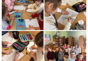 Zbior zdjęć przedstawiający uczniów klas pierwszych wykonujących zadania w trakcie lekcji bibliotecznej.