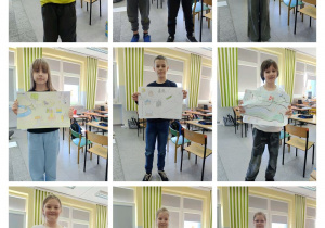 Zdjęcie przedstawia uczniów klasy 3 B pokazujących swoje prace projektowe.
