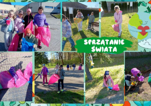 Zdjęcie przedstawia uczniów zaopatrzonych w rękawiczki ochronne oraz worki na odpady. Dzieci z wielkim zapałem dbają o czystość, sprzątając teren wokół szkoły.