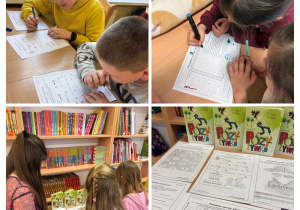 Kolaż zdjęć przedstawiający czytelników biblioteki szkolnej w trakcie wykonywania zadań.