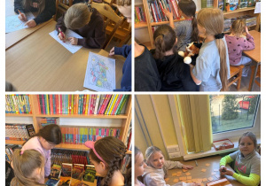Kolaż zdjęć przedstawiający czytelników biblioteki szkolnej w trakcie zabawy czytelniczej.